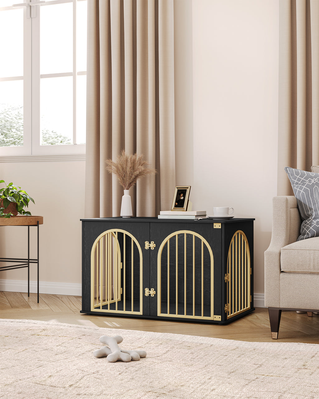 Hzuaneri Dog Cage Furniture, 100 cm Dog Box for Home, 3 Doors, Arch Door, Modern Dog Box Indoor for Dogs, Side Table, Dog Cage Heavy Duty, 100 x 60 x 63 cm, Black Gold DFC84104A