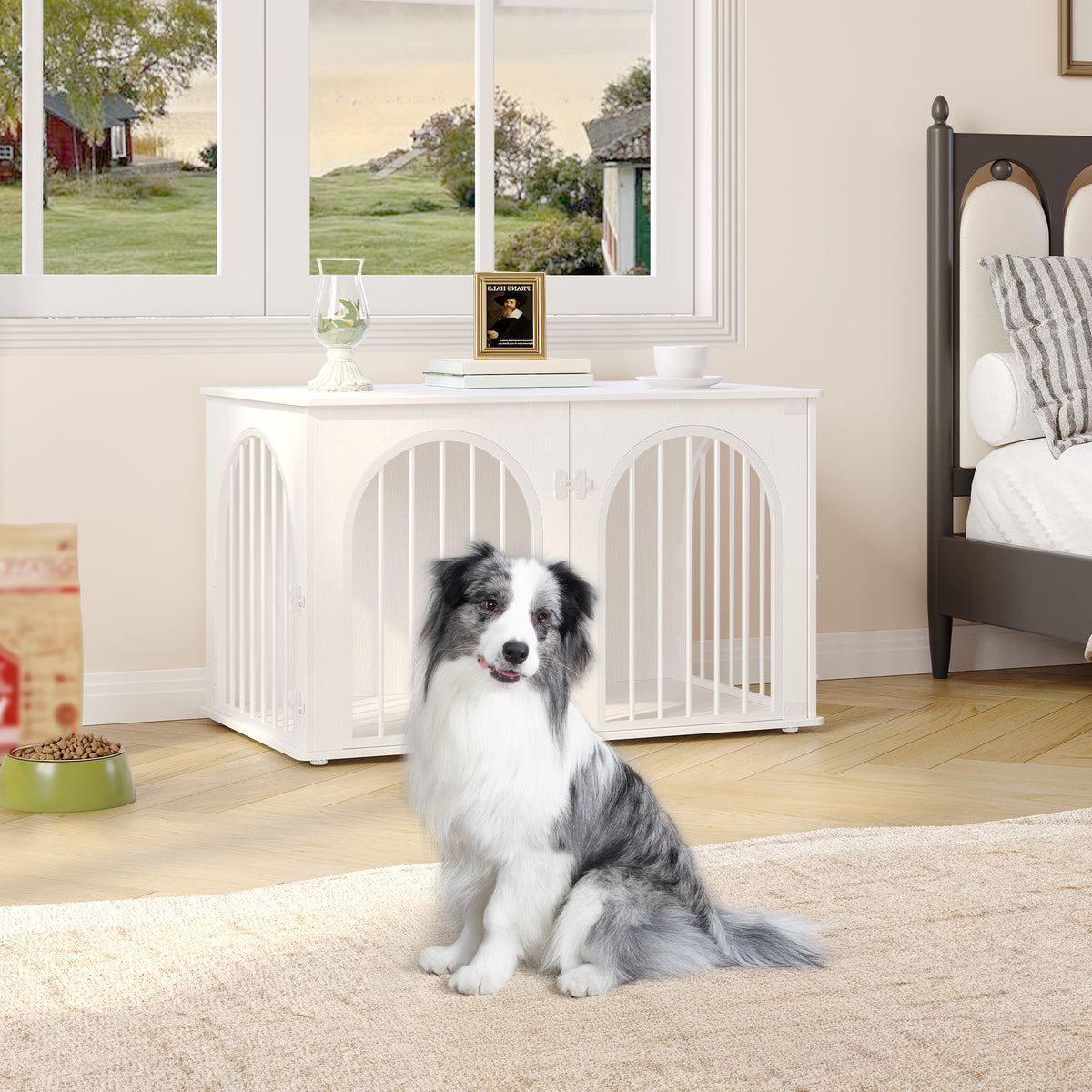 Hzuaneri Dog Cage Furniture, Dog Box for Home, 3 Doors, Arch Door, Modern Dog Box Indoor for Dogs, Side Table, Dog Cage Heavy Duty, White DFC84113W