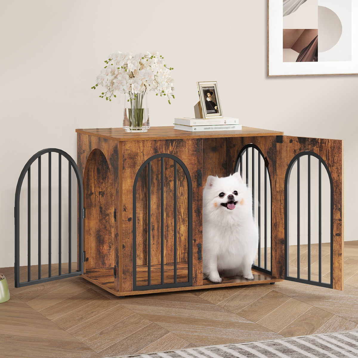 Hzuaneri Dog Cage Furniture, 68 cm Dog Box for Home, 3 Doors, Arch Door, Modern Dog Box Indoor for Dogs, Side Table, Dog Cage Heavy Duty, 68 x 49 x 56 cm, Vintage Brown DFC85501B