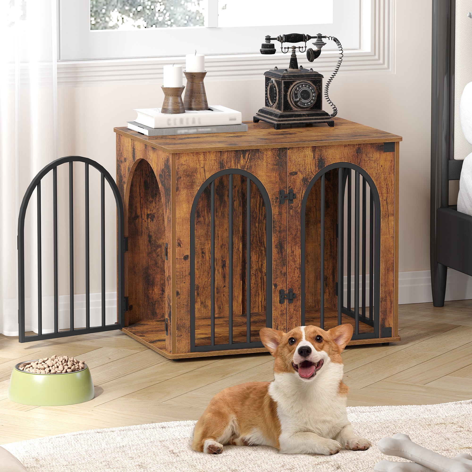 Hzuaneri Dog Cage Furniture, 68 cm Dog Box for Home, 3 Doors, Arch Door, Modern Dog Box Indoor for Dogs, Side Table, Dog Cage Heavy Duty, 68 x 49 x 56 cm, Vintage Brown DFC85501B