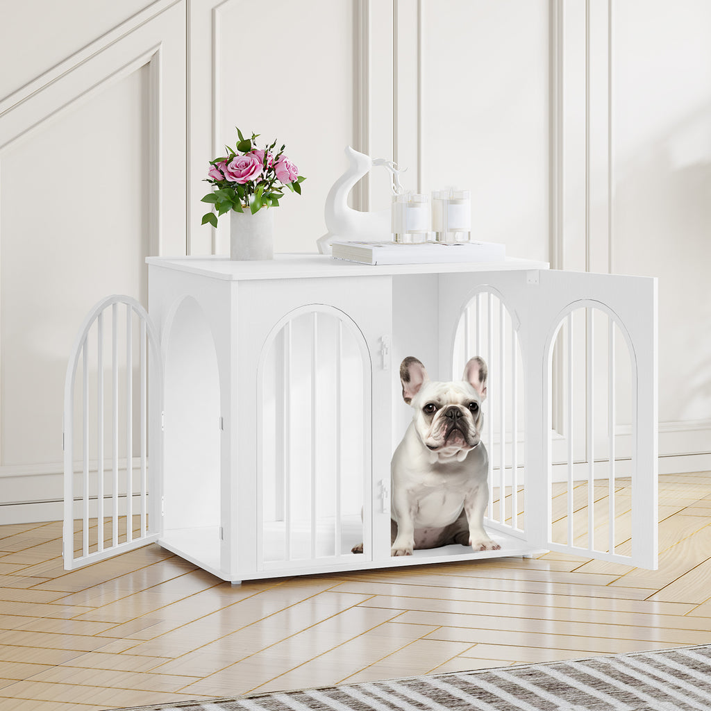 Hzuaneri Dog Cage Furniture, 68cm Dog Box for Home, 3 Doors, Arched Door, Modern Indoor Dog Crate for Dogs, Side Table, Heavy Duty Dog Cage, 68 x 49 x 56 cm, White DFC85513W