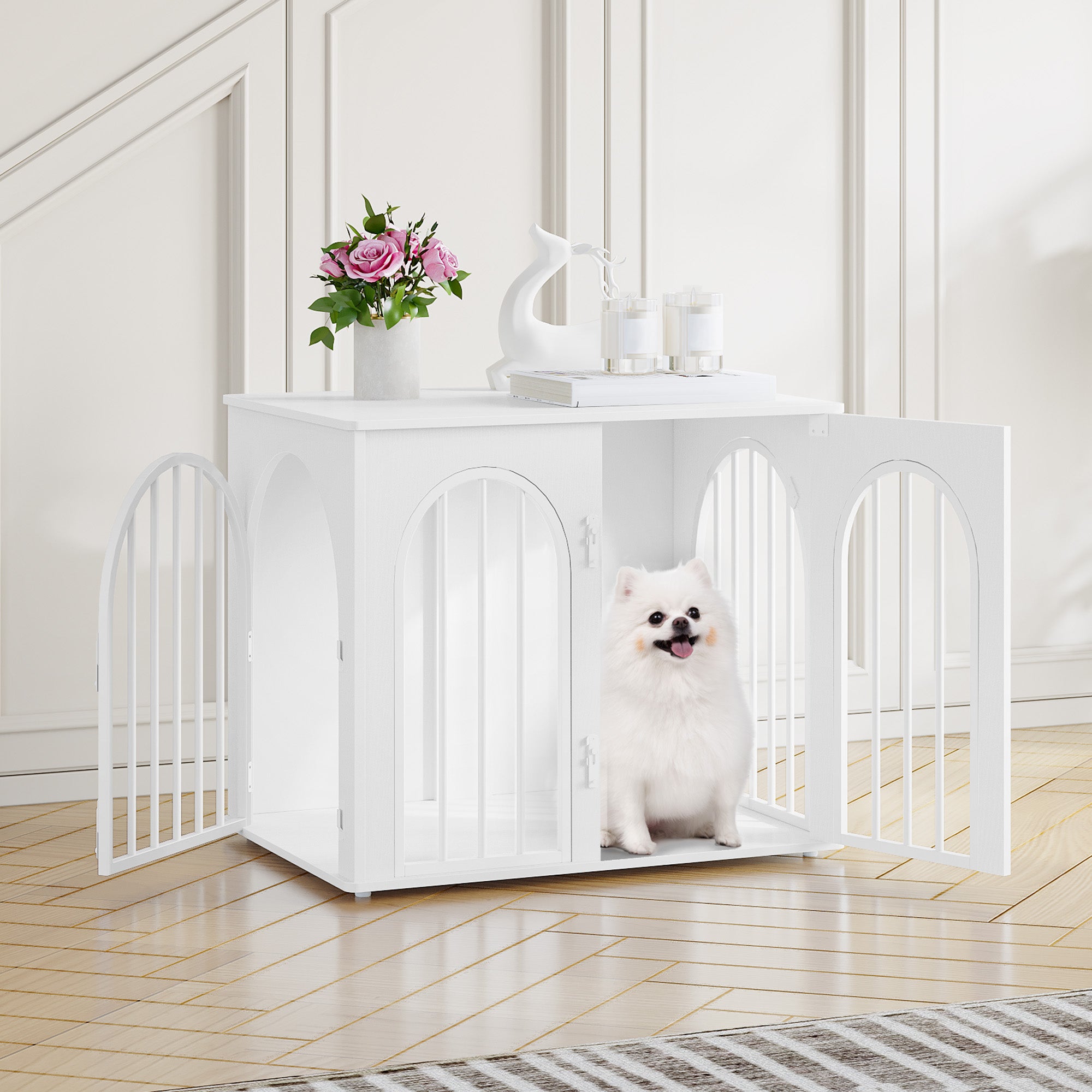 Hzuaneri Dog Cage Furniture, 68cm Dog Box for Home, 3 Doors, Arched Door, Modern Indoor Dog Crate for Dogs, Side Table, Heavy Duty Dog Cage, 68 x 49 x 56 cm, White DFC85513W