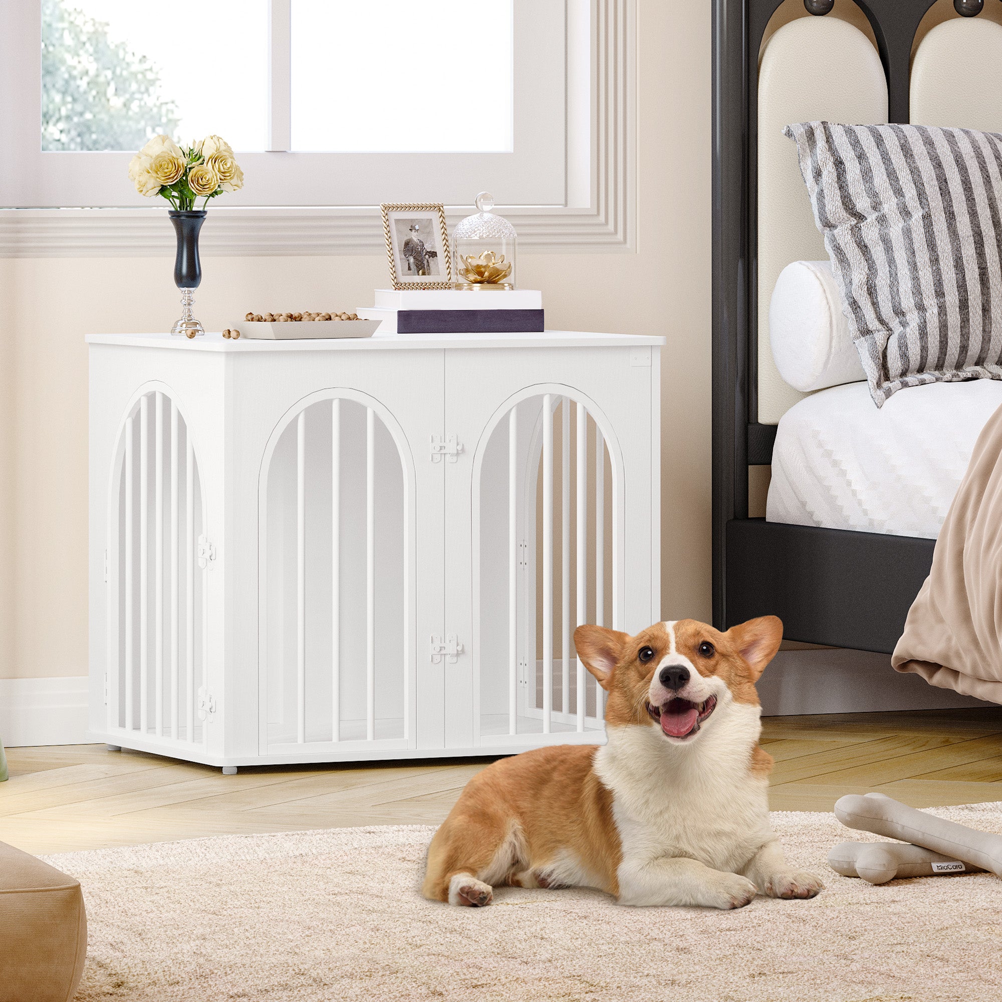 Hzuaneri Dog Cage Furniture, 68cm Dog Box for Home, 3 Doors, Arched Door, Modern Indoor Dog Crate for Dogs, Side Table, Heavy Duty Dog Cage, 68 x 49 x 56 cm, White DFC85513W