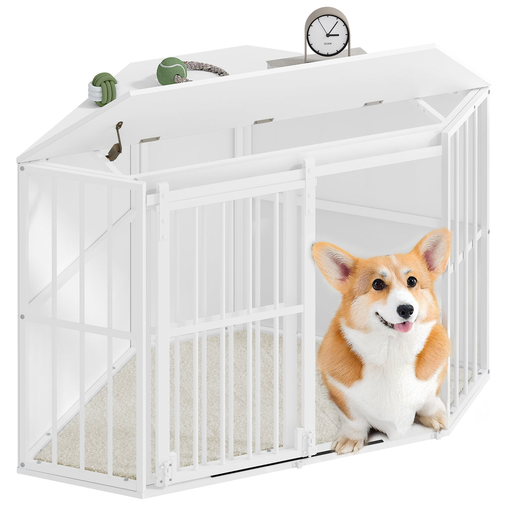 Hzuaneri Corner Dog Cage, Dog Box for Home Use, Dog Cage Furniture with Cushion and Sliding Doors, Modern Wooden Indoor Dog Box with Hinged Lid for Medium and Small Dogs, 107 x 59.6 x 64 cm, White DFC85903W