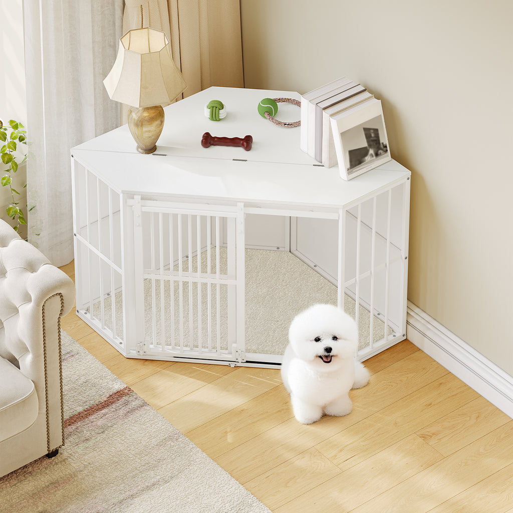 Hzuaneri Corner Dog Cage, Dog Box for Home Use, Dog Cage Furniture with Cushion and Sliding Doors, Modern Wooden Indoor Dog Box with Hinged Lid for Medium and Small Dogs, 107 x 59.6 x 64 cm, White DFC85903W