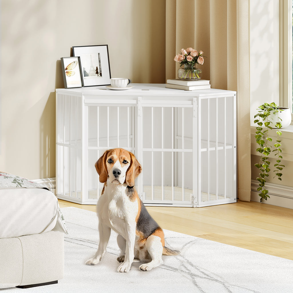 Hzuaneri Corner Dog Cage, Dog Box for Home Use, Dog Cage Furniture with Cushion and Sliding Doors, Modern Wooden Indoor Dog Box with Hinged Lid for Medium and Small Dogs, 107 x 59.6 x 64 cm, White DFC85903W