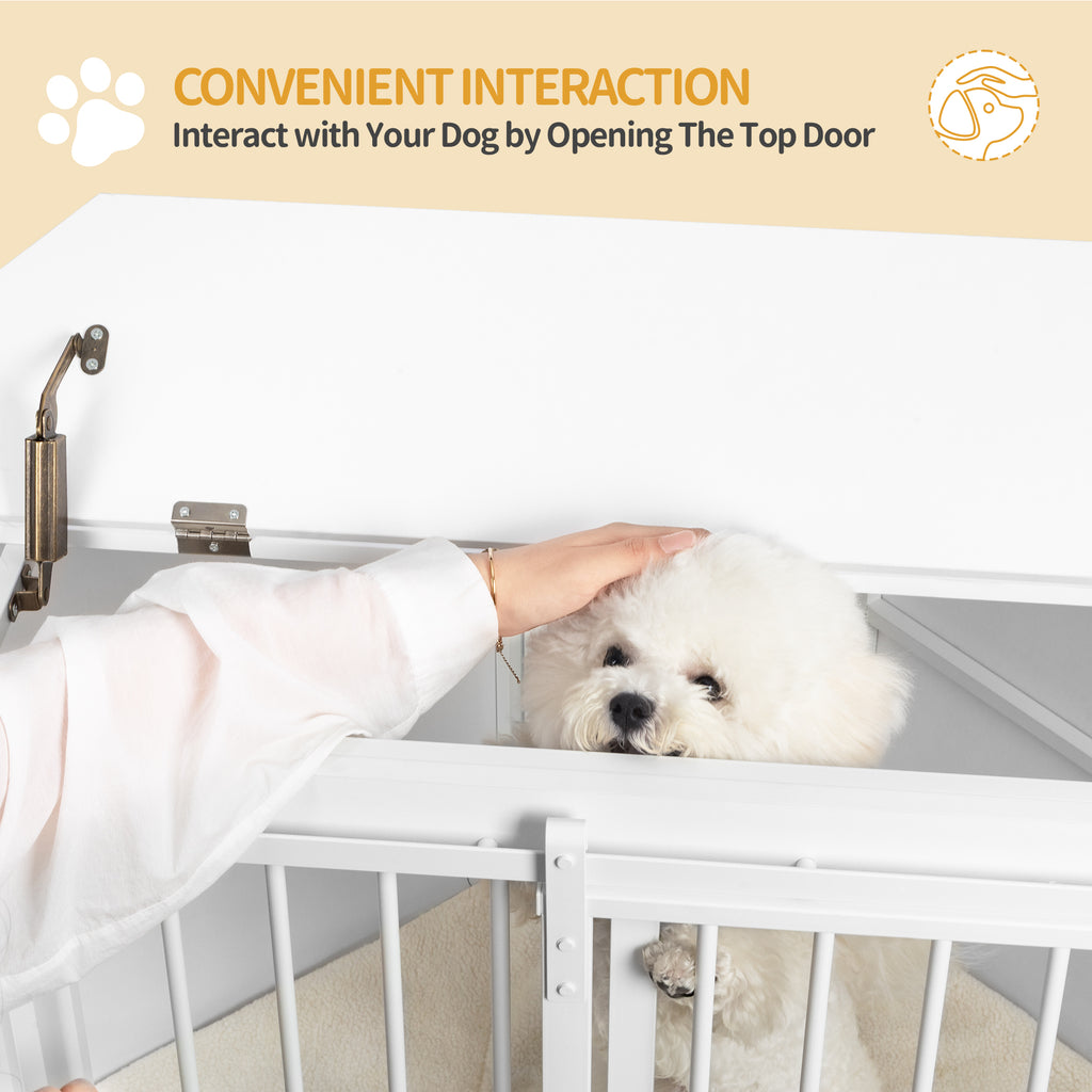 Hzuaneri Corner Dog Cage, Dog Box for Home Use, Dog Cage Furniture with Cushion and Sliding Doors, Modern Wooden Indoor Dog Box with Hinged Lid for Medium and Small Dogs, 107 x 59.6 x 64 cm, White DFC85903W