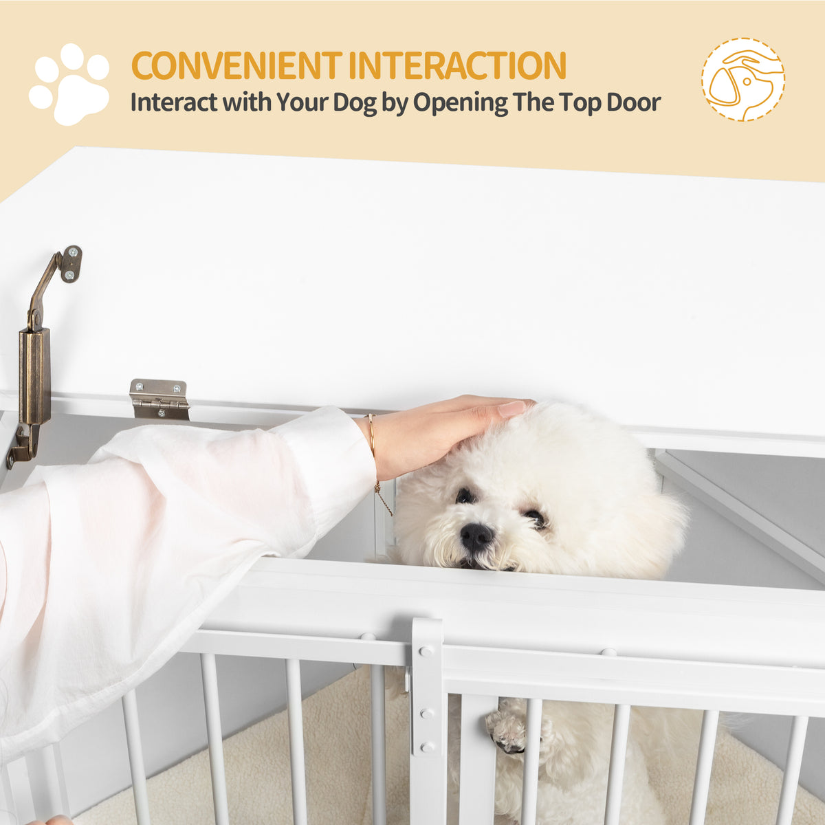 Hzuaneri Corner Dog Cage, Dog Box for Home Use, Dog Cage Furniture with Cushion and Sliding Doors, Modern Wooden Indoor Dog Box with Hinged Lid for Medium and Small Dogs, 107 x 59.6 x 64 cm, White DFC85903W