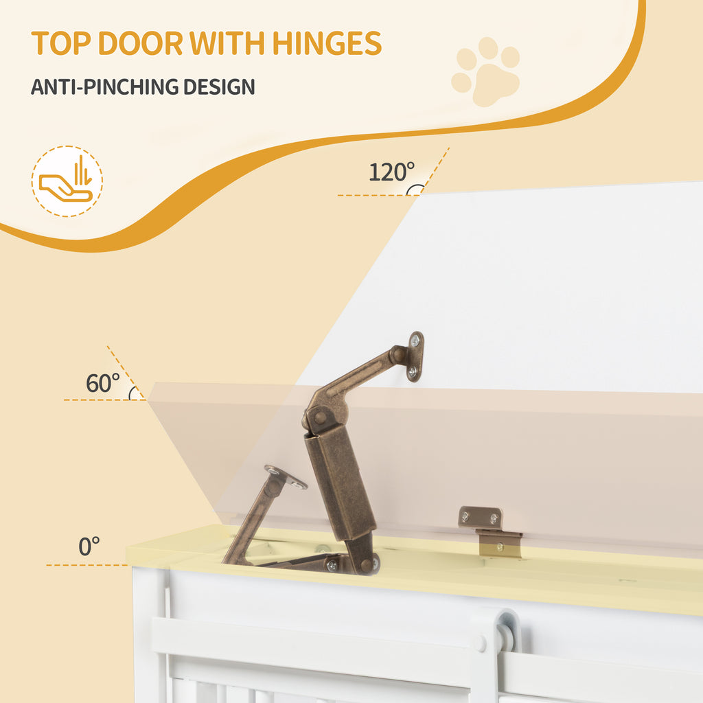Hzuaneri Corner Dog Cage, Dog Box for Home Use, Dog Cage Furniture with Cushion and Sliding Doors, Modern Wooden Indoor Dog Box with Hinged Lid for Medium and Small Dogs, 107 x 59.6 x 64 cm, White DFC85903W