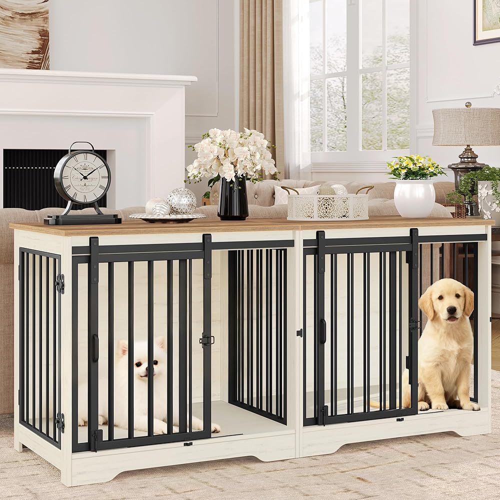 Hzuaneri 78" Large Double Dog Crate Furniture, Indoor Dog Kennel Furniture for 2 Dogs with Divider, Dual Sliding Barn Doors, Heavy Duty Dog Cage Furniture as TV Stand