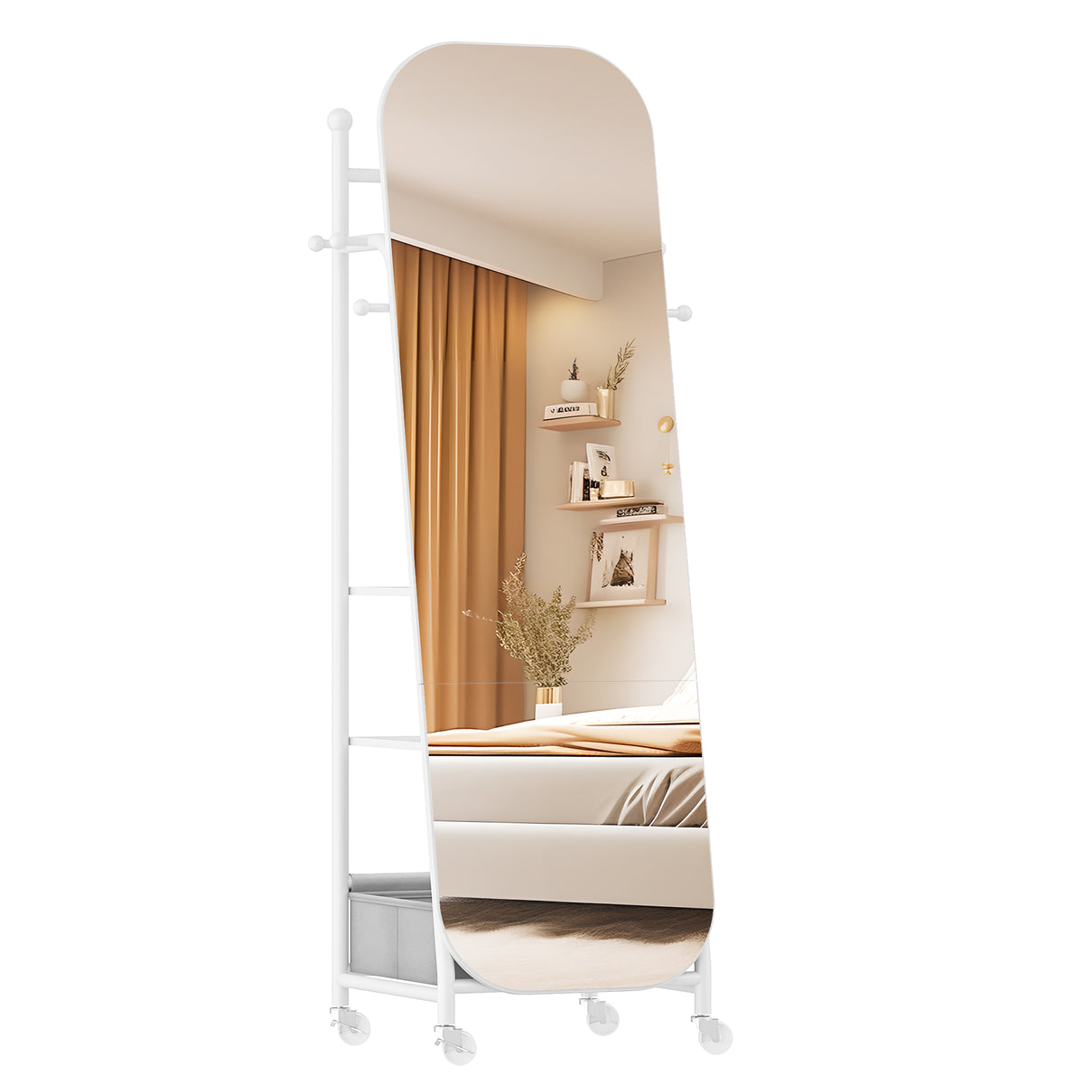 Hzuaneri Full-Length Mirror, Standing Mirror with Clothes Rack, 165 x 50 x 45 cm, 360° Swivel Casters, Large Mirror with Storage Box and Hooks, for Bedroom and Living Room, White DM41703W