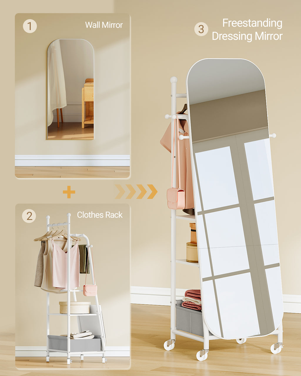 Hzuaneri Full-Length Mirror, Standing Mirror with Clothes Rack, 165 x 50 x 45 cm, 360° Swivel Casters, Large Mirror with Storage Box and Hooks, for Bedroom and Living Room, White DM41703W