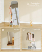 Hzuaneri Full-Length Mirror, Standing Mirror with Clothes Rack, 165 x 50 x 45 cm, 360° Swivel Casters, Large Mirror with Storage Box and Hooks, for Bedroom and Living Room, White DM41703W