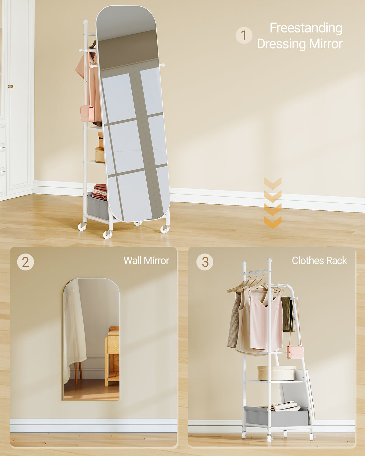 Hzuaneri Full-Length Mirror, Standing Mirror with Clothes Rack, 165 x 50 x 45 cm, 360° Swivel Casters, Large Mirror with Storage Box and Hooks, for Bedroom and Living Room, White DM41703W