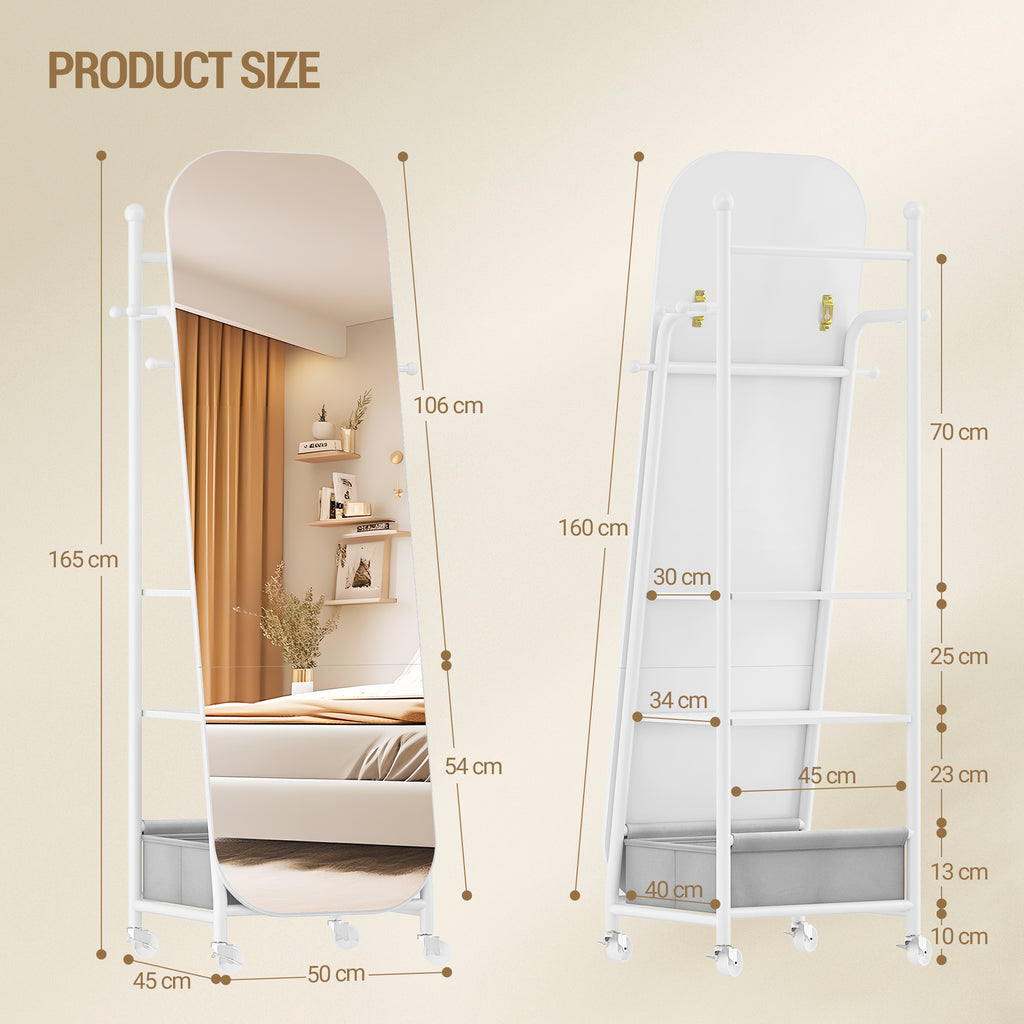 Hzuaneri Full-Length Mirror, Standing Mirror with Clothes Rack, 165 x 50 x 45 cm, 360° Swivel Casters, Large Mirror with Storage Box and Hooks, for Bedroom and Living Room, White DM41703W