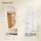 Hzuaneri Full-Length Mirror, Standing Mirror with Clothes Rack, 165 x 50 x 45 cm, 360° Swivel Casters, Large Mirror with Storage Box and Hooks, for Bedroom and Living Room, White DM41703W