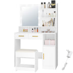 HEXCELEN Dressing Table with LED Lights Mirror, Adjustable Brightness, 2 Drawers & Cabinet, White