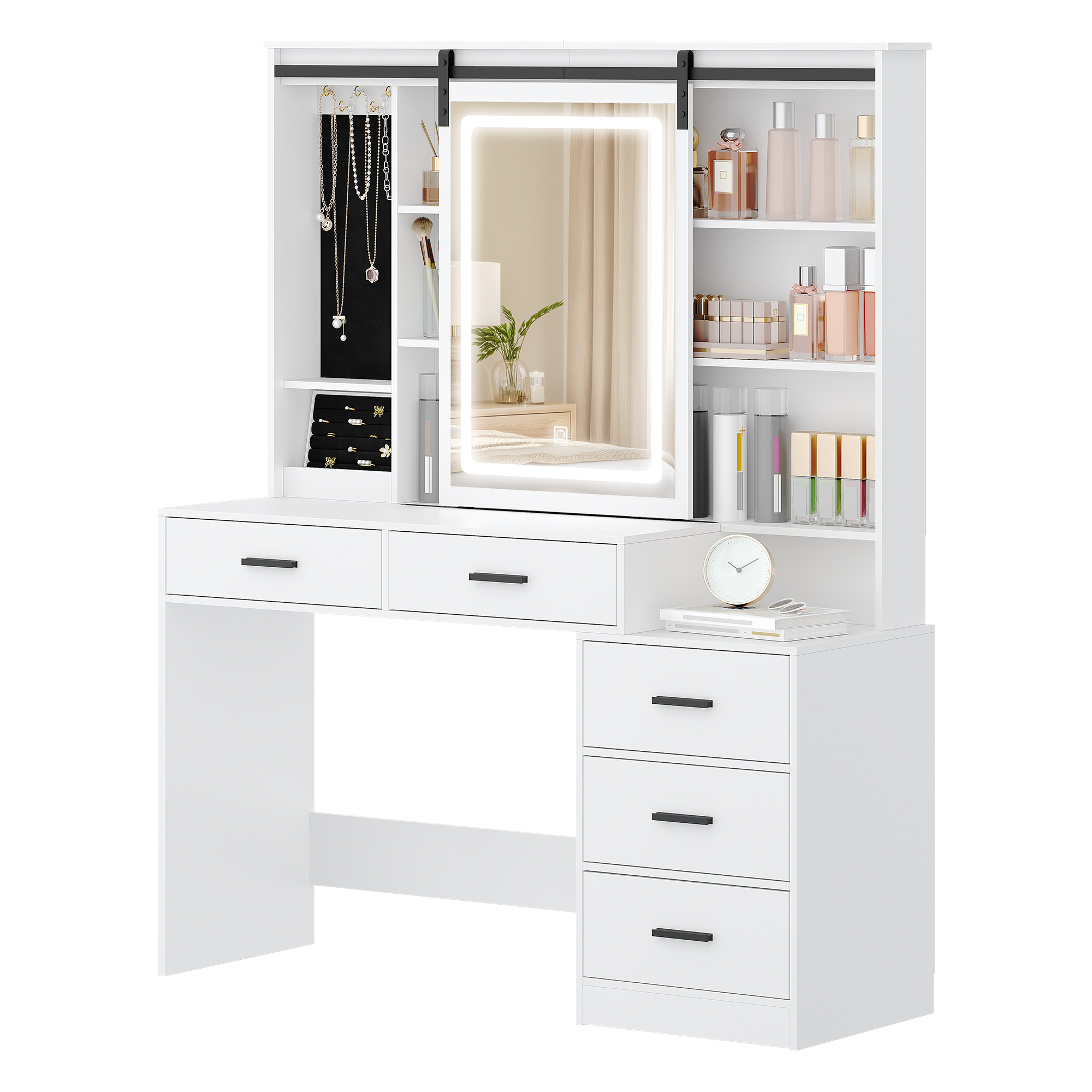 Hzuaneri Vanity Table with Adjustable LED Lighting, Detachable Large Mirror, Jewelry Storage, Open Shelves, 5 Drawers, with Side Table, for Bedroom, White DT33103X