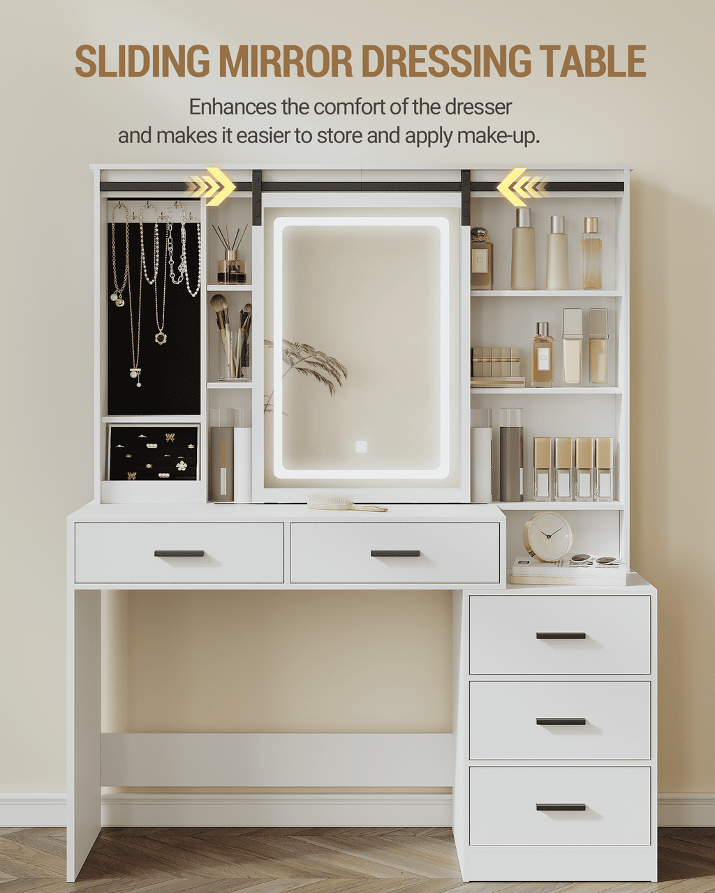 Hzuaneri Vanity Table with Adjustable LED Lighting, Detachable Large Mirror, Jewelry Storage, Open Shelves, 5 Drawers, with Side Table, for Bedroom, White DT33103X