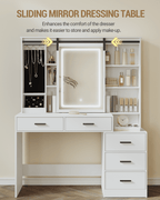 Hzuaneri Vanity Table with Adjustable LED Lighting, Detachable Large Mirror, Jewelry Storage, Open Shelves, 5 Drawers, with Side Table, for Bedroom, White DT33103X