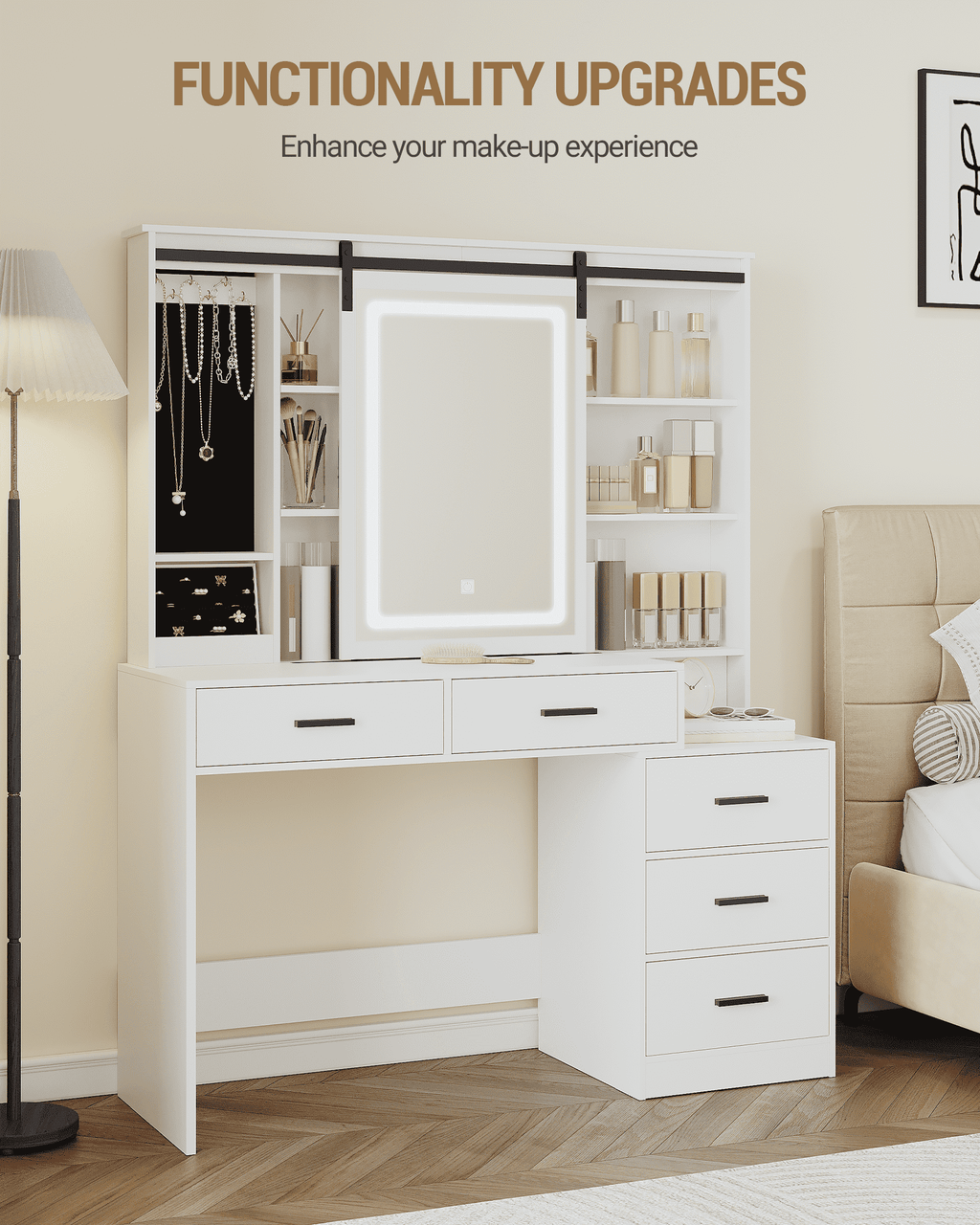 Hzuaneri Vanity Table with Adjustable LED Lighting, Detachable Large Mirror, Jewelry Storage, Open Shelves, 5 Drawers, with Side Table, for Bedroom, White DT33103X