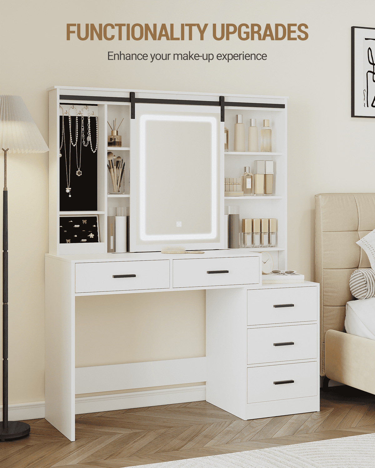 Hzuaneri Vanity Table with Adjustable LED Lighting, Detachable Large Mirror, Jewelry Storage, Open Shelves, 5 Drawers, with Side Table, for Bedroom, White DT33103X