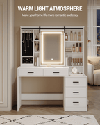 Hzuaneri Vanity Table with Adjustable LED Lighting, Detachable Large Mirror, Jewelry Storage, Open Shelves, 5 Drawers, with Side Table, for Bedroom, White DT33103X