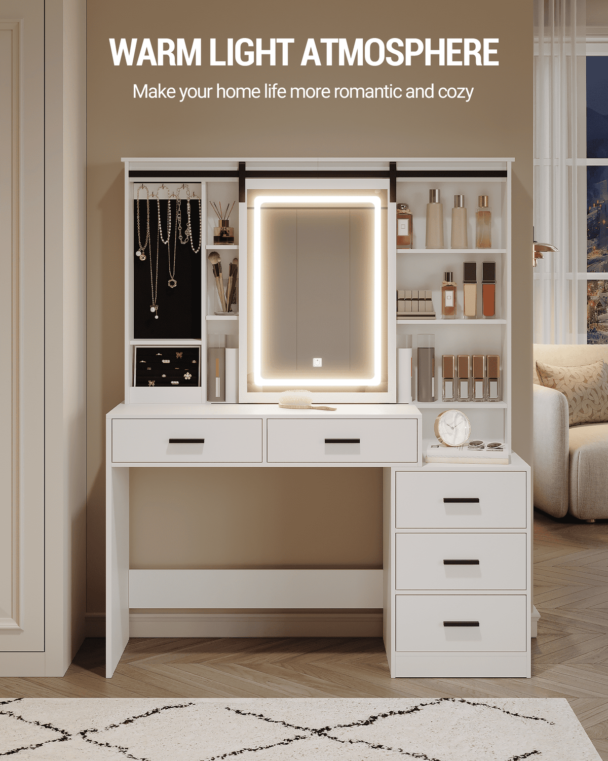 Hzuaneri Vanity Table with Adjustable LED Lighting, Detachable Large Mirror, Jewelry Storage, Open Shelves, 5 Drawers, with Side Table, for Bedroom, White DT33103X