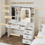 Hzuaneri Vanity Table with Adjustable LED Lighting, Detachable Large Mirror, Jewelry Storage, Open Shelves, 5 Drawers, with Side Table, for Bedroom, White DT33103X
