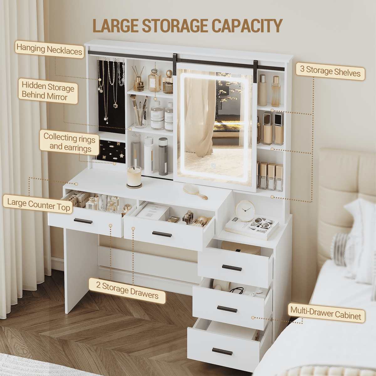 Hzuaneri Vanity Table with Adjustable LED Lighting, Detachable Large Mirror, Jewelry Storage, Open Shelves, 5 Drawers, with Side Table, for Bedroom, White DT33103X