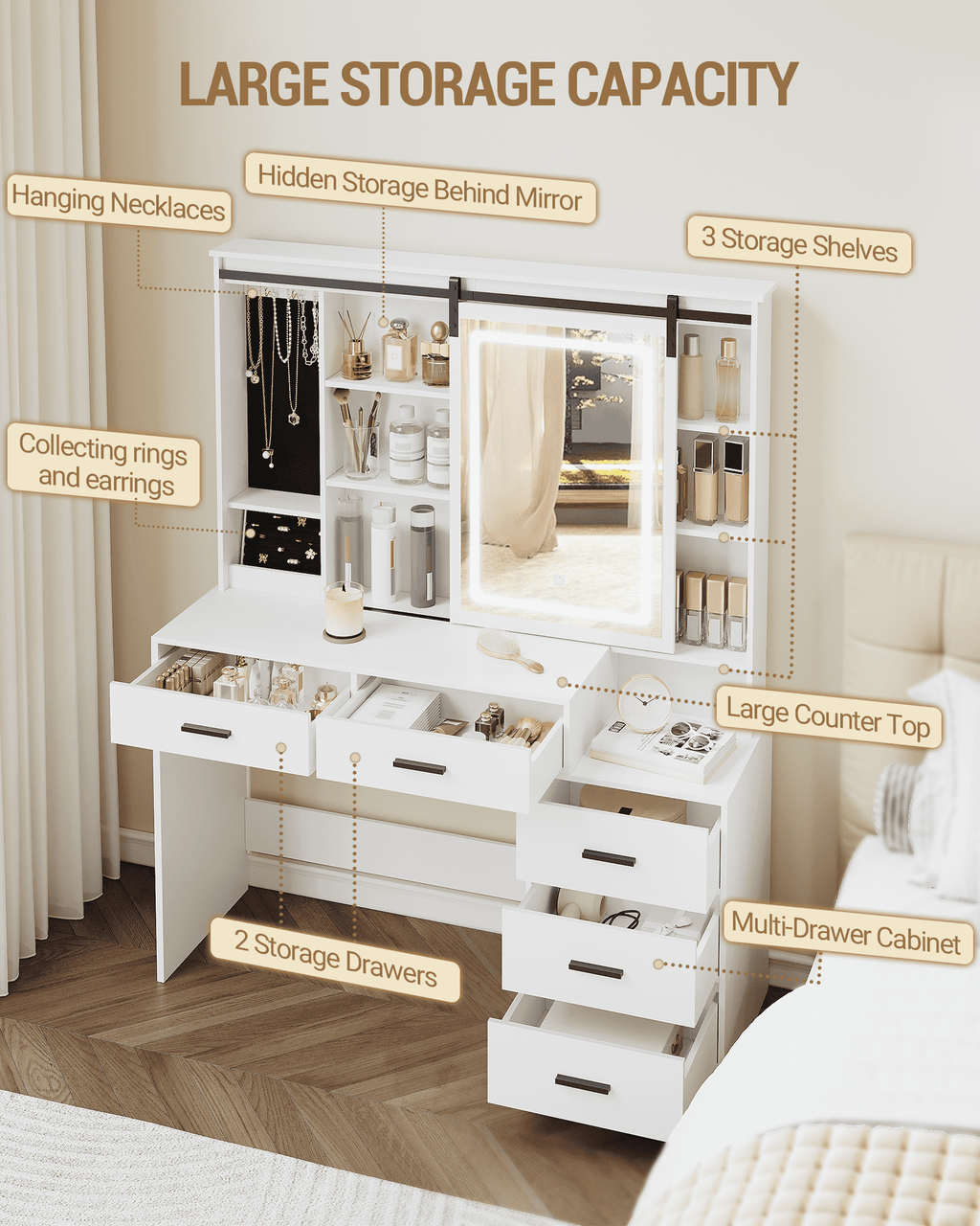 Hzuaneri Vanity Table with Adjustable LED Lighting, Detachable Large Mirror, Jewelry Storage, Open Shelves, 5 Drawers, with Side Table, for Bedroom, White DT33103X