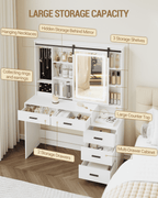 Hzuaneri Vanity Table with Adjustable LED Lighting, Detachable Large Mirror, Jewelry Storage, Open Shelves, 5 Drawers, with Side Table, for Bedroom, White DT33103X