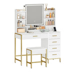Hzuaneri Modern Dressing Table with Padded Stool, HD Mirror and Adjustable LED Lights, Socket and USB, 5 Drawers, Open Storage Compartment DT351HDT