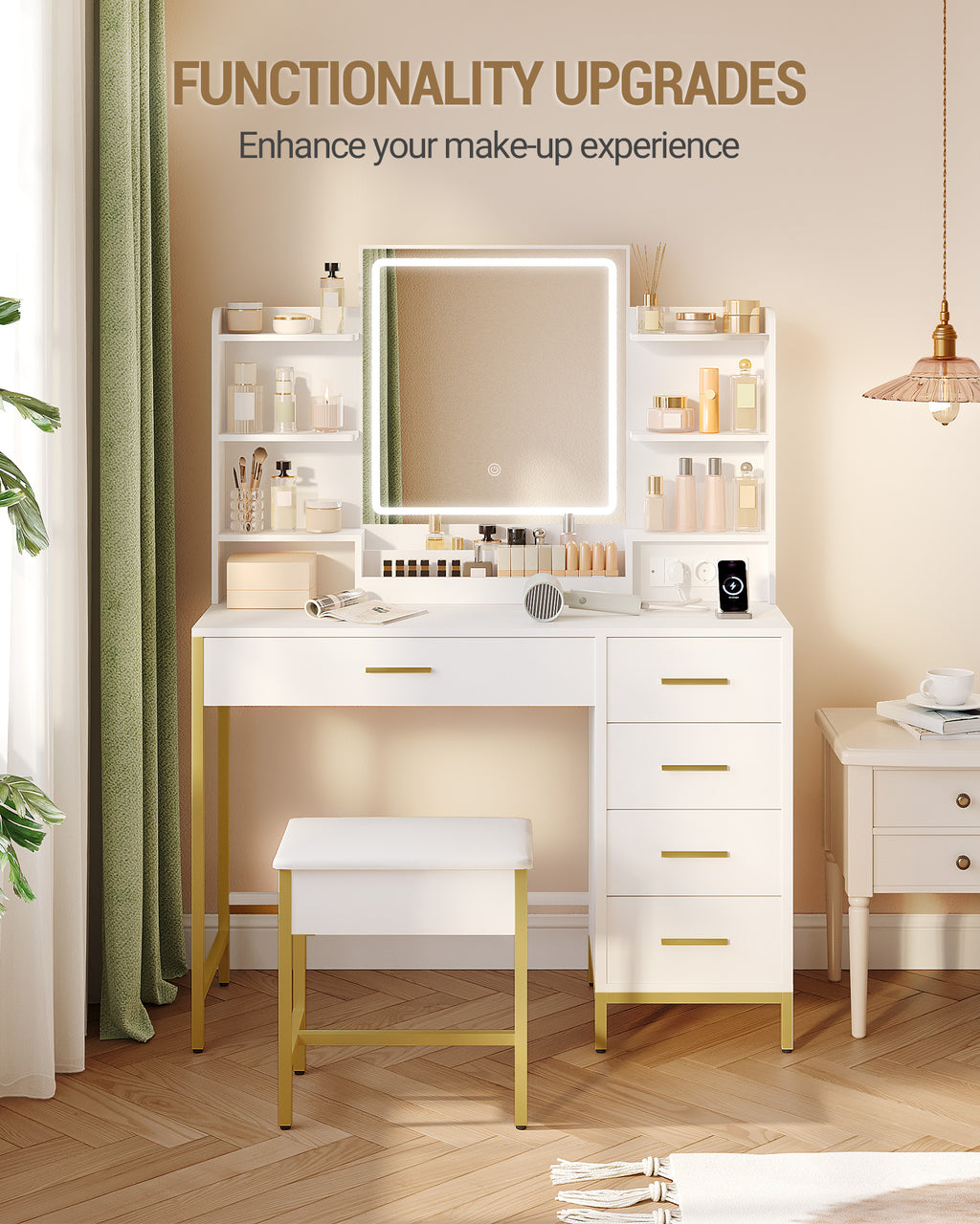 Hzuaneri Modern Dressing Table with Padded Stool, HD Mirror and Adjustable LED Lights, Socket and USB, 5 Drawers, Open Storage Compartment DT351HDT
