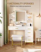 Hzuaneri Modern Dressing Table with Padded Stool, HD Mirror and Adjustable LED Lights, Socket and USB, 5 Drawers, Open Storage Compartment DT351HDT