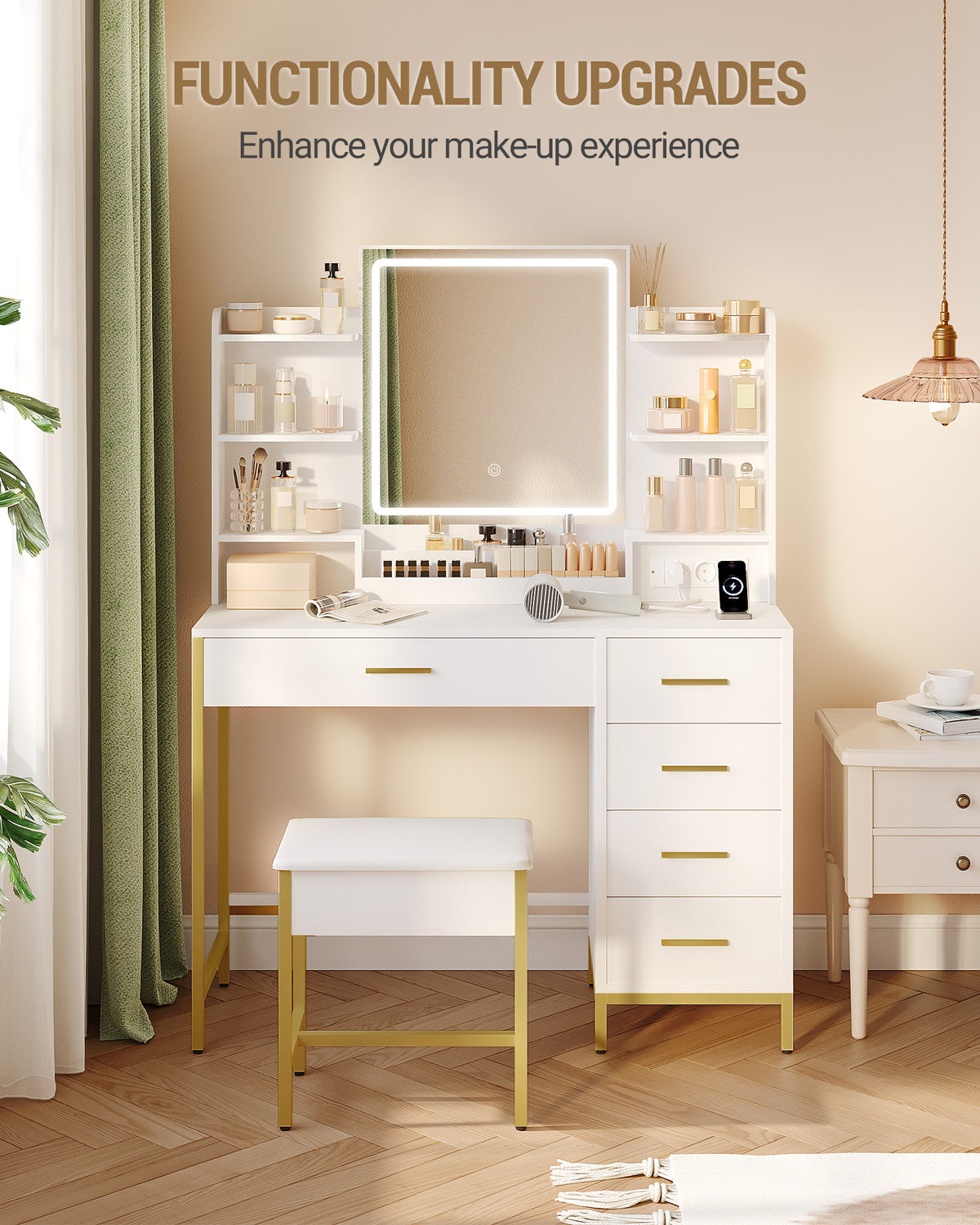 Hzuaneri Modern Dressing Table with Padded Stool, HD Mirror and Adjustable LED Lights, Socket and USB, 5 Drawers, Open Storage Compartment DT351HDT