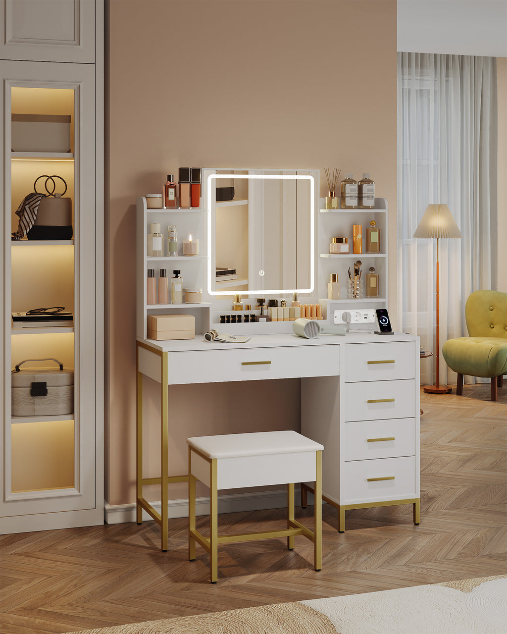 Hzuaneri Modern Dressing Table with Padded Stool, HD Mirror and Adjustable LED Lights, Socket and USB, 5 Drawers, Open Storage Compartment DT351HDT