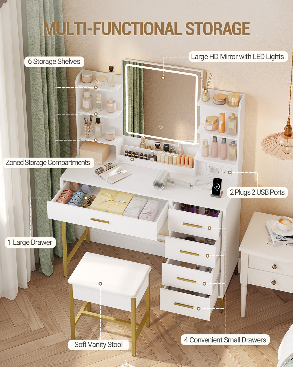 Hzuaneri Modern Dressing Table with Padded Stool, HD Mirror and Adjustable LED Lights, Socket and USB, 5 Drawers, Open Storage Compartment DT351HDT