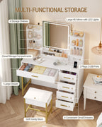 Hzuaneri Modern Dressing Table with Padded Stool, HD Mirror and Adjustable LED Lights, Socket and USB, 5 Drawers, Open Storage Compartment DT351HDT