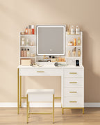 Hzuaneri Modern Dressing Table with Padded Stool, HD Mirror and Adjustable LED Lights, Socket and USB, 5 Drawers, Open Storage Compartment DT351HDT