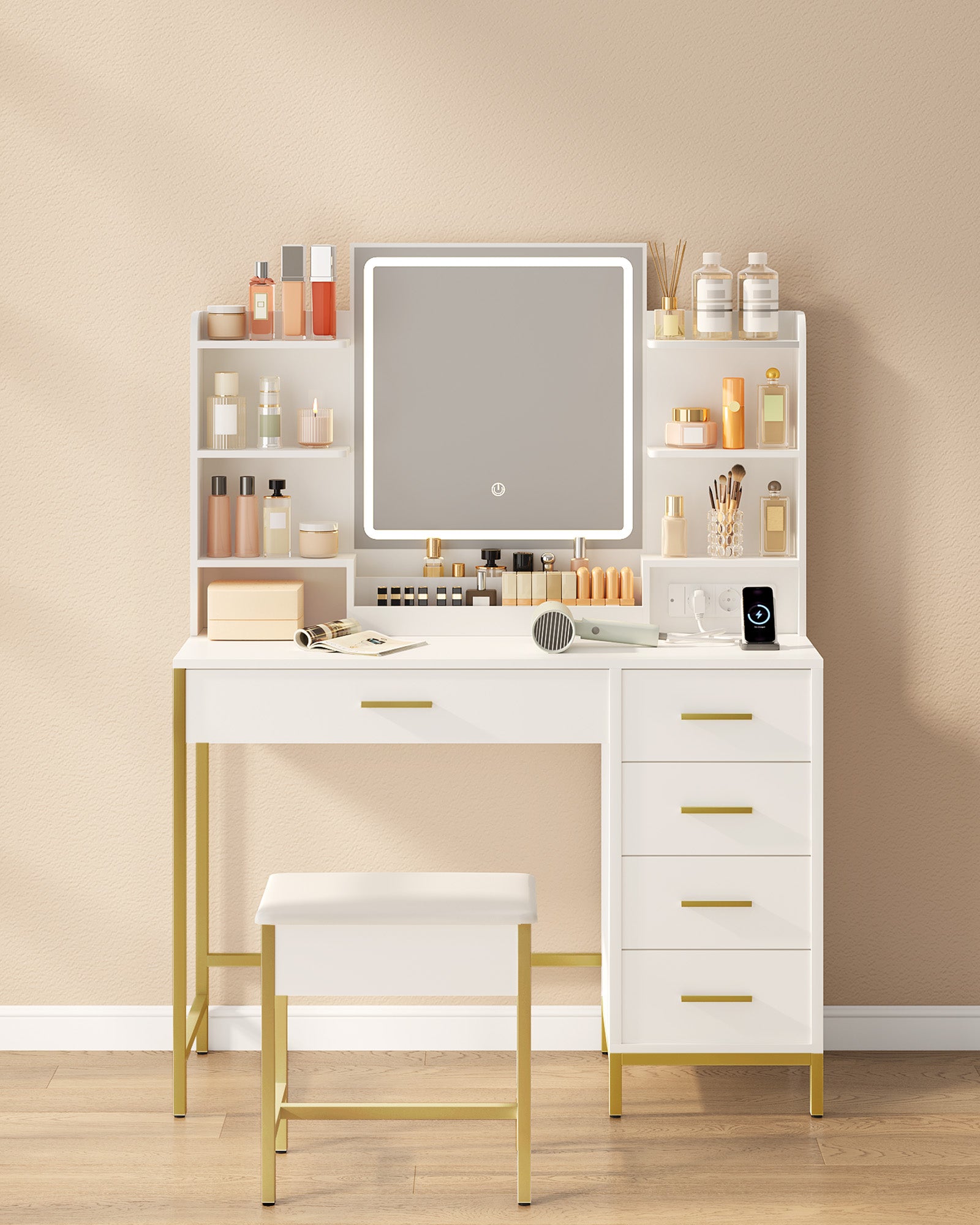 Hzuaneri Modern Dressing Table with Padded Stool, HD Mirror and Adjustable LED Lights, Socket and USB, 5 Drawers, Open Storage Compartment DT351HDT