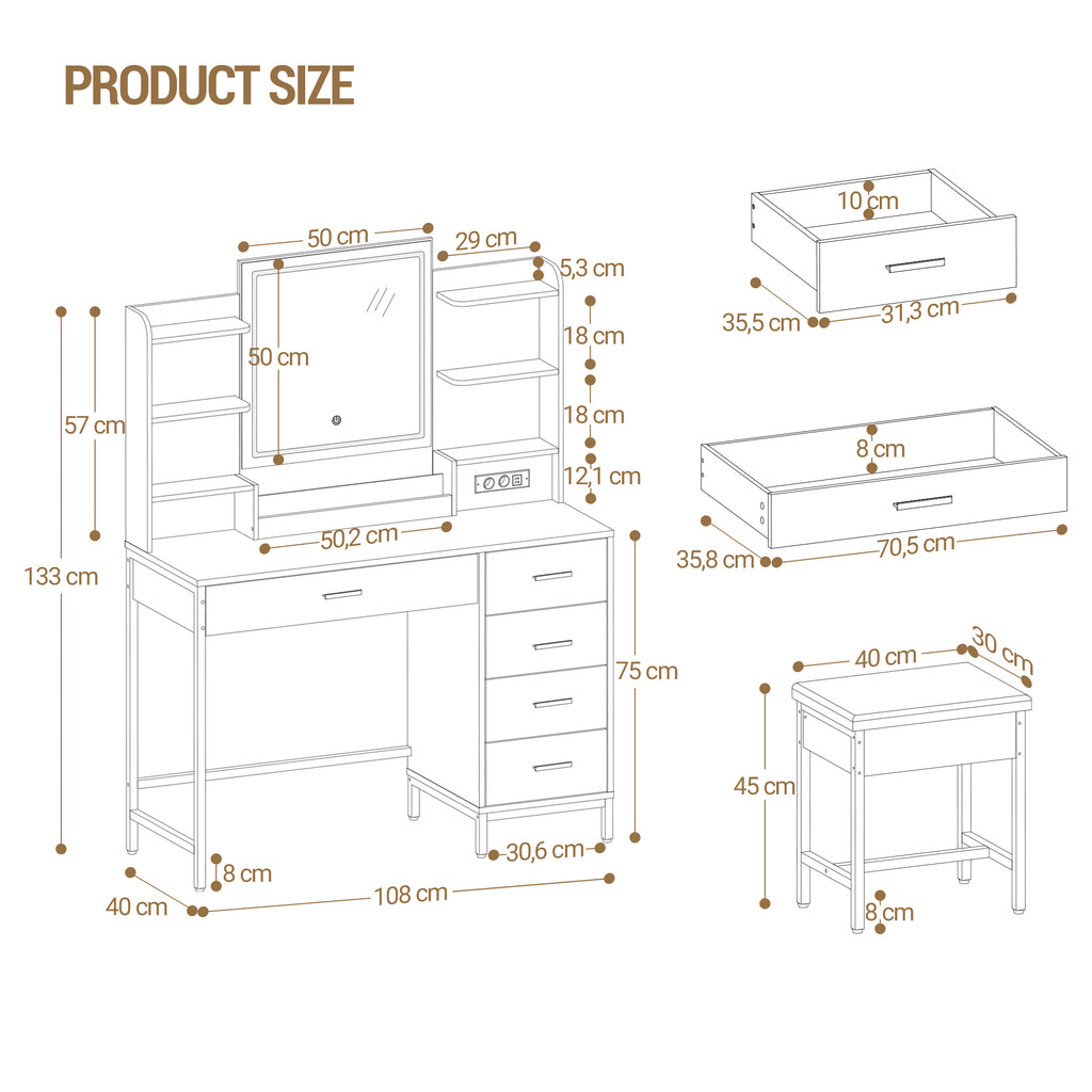 Hzuaneri Modern Dressing Table with Padded Stool, HD Mirror and Adjustable LED Lights, Socket and USB, 5 Drawers, Open Storage Compartment DT351HDT
