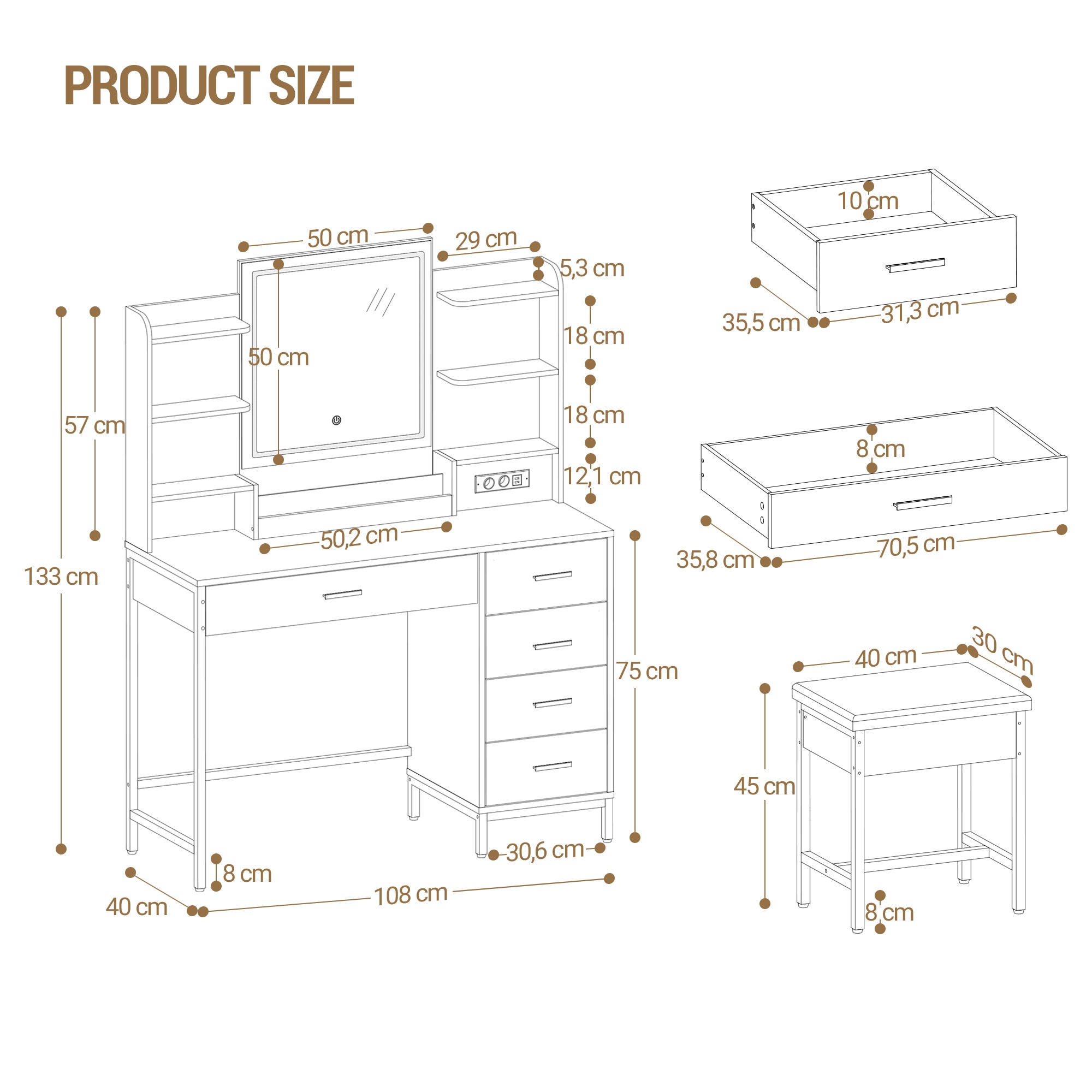 Hzuaneri Modern Dressing Table with Padded Stool, HD Mirror and Adjustable LED Lights, Socket and USB, 5 Drawers, Open Storage Compartment DT351HDT
