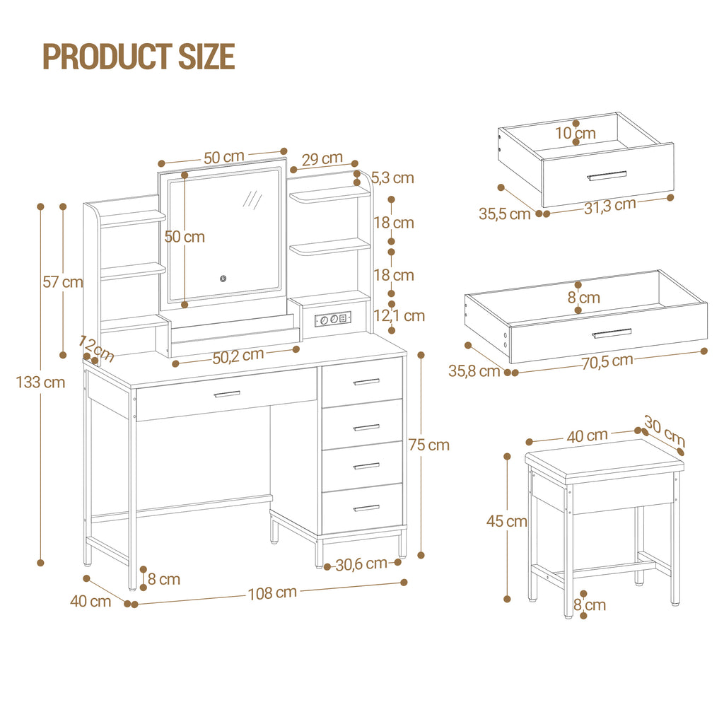 Hzuaneri Modern Dressing Table with Padded Stool, HD Mirror and Adjustable LED Lights, Socket and USB, 5 Drawers, Open Storage Compartment DT351HDT