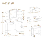 Hzuaneri Modern Dressing Table with Padded Stool, HD Mirror and Adjustable LED Lights, Socket and USB, 5 Drawers, Open Storage Compartment DT351HDT