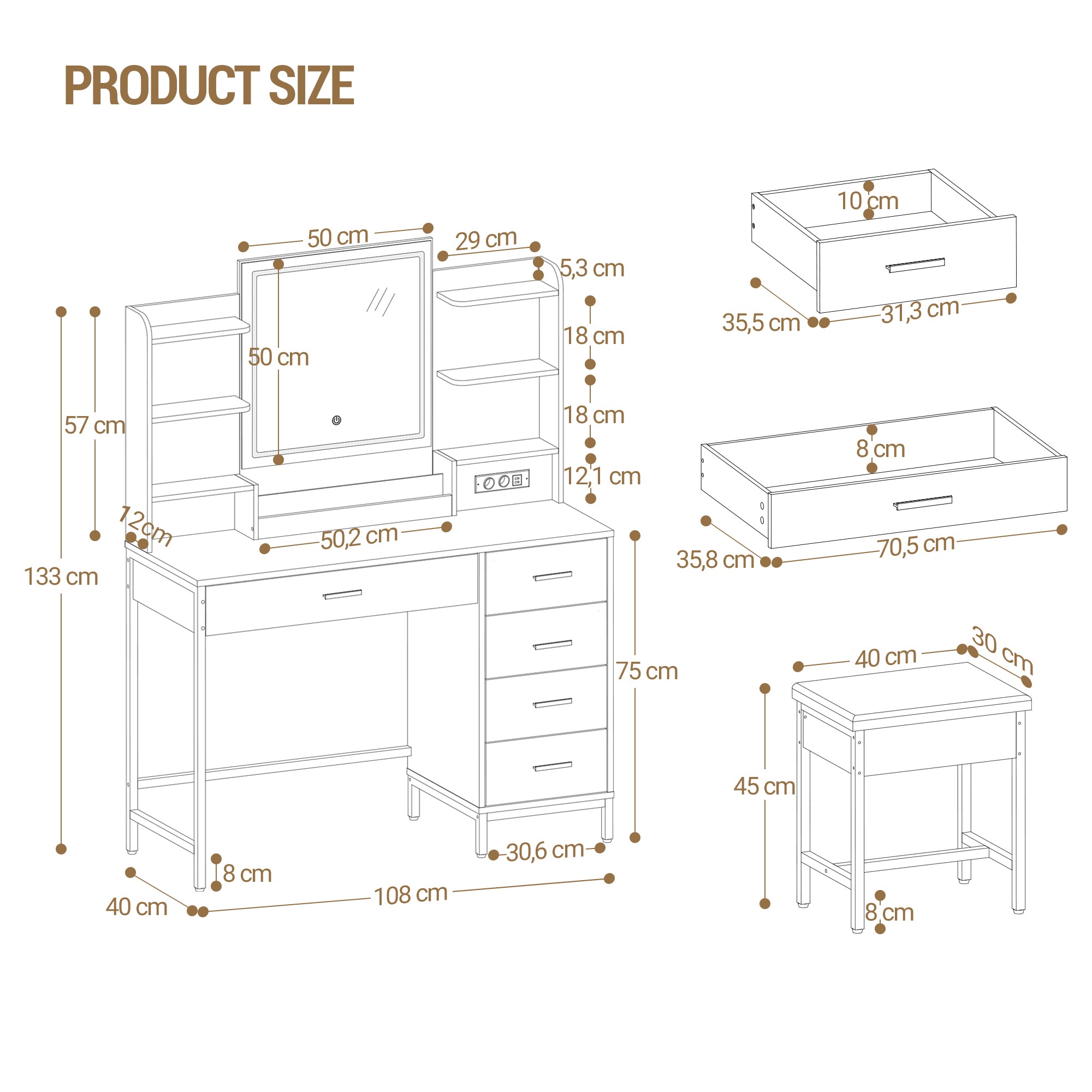 Hzuaneri Modern Dressing Table with Padded Stool, HD Mirror and Adjustable LED Lights, Socket and USB, 5 Drawers, Open Storage Compartment DT351HDT