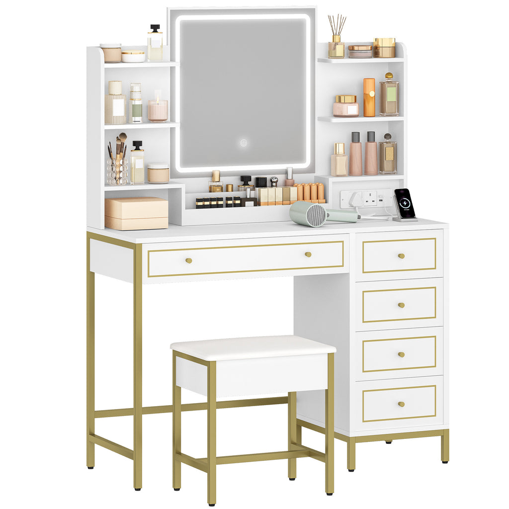 Hzuaneri Dressing Table, Vanity Desk with Soft Stool, HD Mirror and Adjustable LED Lights, Makeup Table with Socket and USB, 5 Drawers, Open Storage Compartment, Luxury Style, White-Gold DT352HDT
