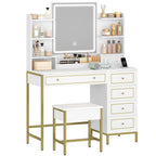 Hzuaneri Dressing Table, Vanity Desk with Soft Stool, HD Mirror and Adjustable LED Lights, Makeup Table with Socket and USB, 5 Drawers, Open Storage Compartment, Luxury Style, White-Gold DT352HDT