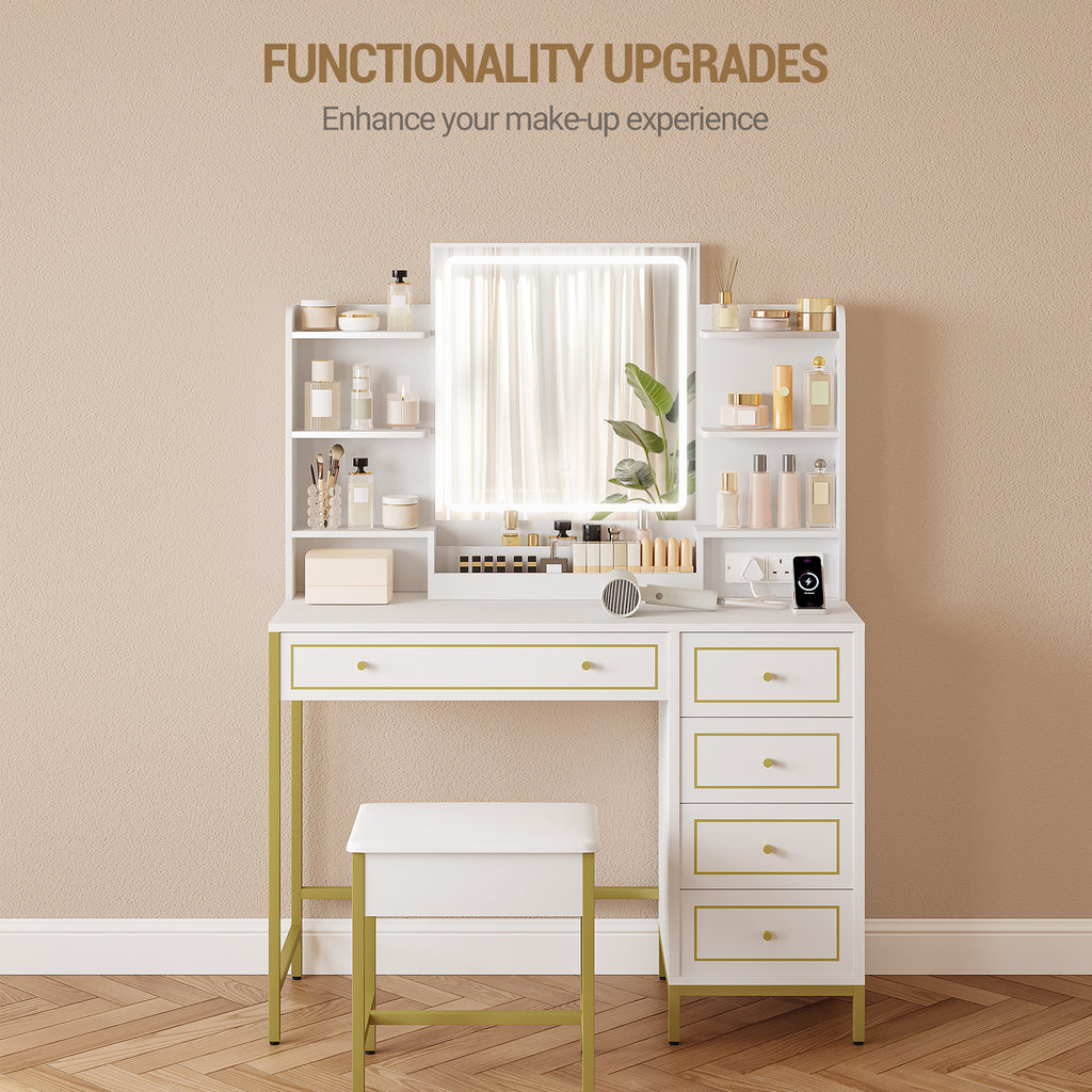 Hzuaneri Dressing Table, Vanity Desk with Soft Stool, HD Mirror and Adjustable LED Lights, Makeup Table with Socket and USB, 5 Drawers, Open Storage Compartment, Luxury Style, White-Gold DT352HDT