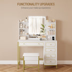 Hzuaneri Dressing Table, Vanity Desk with Soft Stool, HD Mirror and Adjustable LED Lights, Makeup Table with Socket and USB, 5 Drawers, Open Storage Compartment, Luxury Style, White-Gold DT352HDT